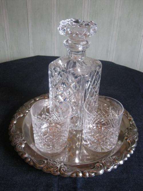 Crystal Decanter with Whiskey Glasses and Free Plated Tray