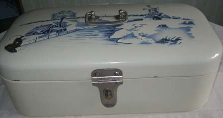 Vintage Enamel Bread Box Metal Germany White & Blue Dutch Scence with Latch