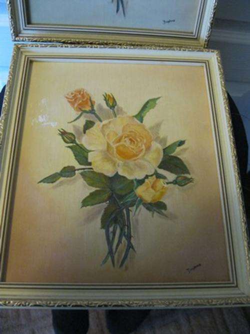 Beautiful Pair of Rose Paintings Oil on Board