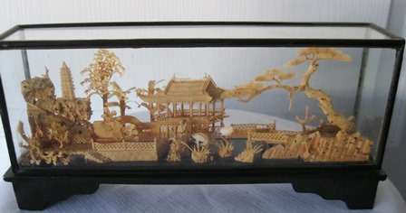 Asia Chinese Diorama Cork Carving Art Sculpture laquer Glass Shadow Box