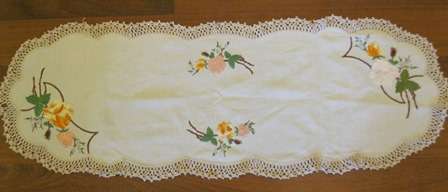 Vintage Embroided Linen Runner with Crothed Edge