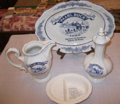Paarl Rock Superior Old Brandy 1856 Blue & White Decanter, Platter,Large Jug, Tot Basin