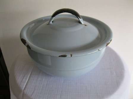 Vintage Enamel  pale Blue l Bowl with Lid
