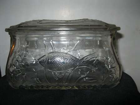 Large Oblong Glass Container with Lid Decorated with Raised Fish