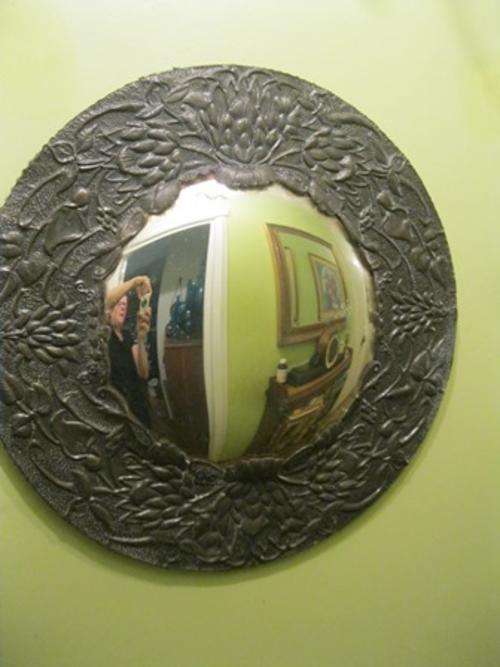 Stunning Vintage Round  Convex Pewter Mirror Decorated with Proteas and Lilies