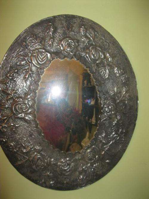 Stunning Convex Oval Mirror in Pewter with Rose Decoration