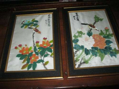 Stunning Set of Chinese Silk Hand Painted Pictures Framed  under Glass