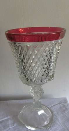 Gorgeous Large Cut Glass Bowl and Red Band on a Pedestal