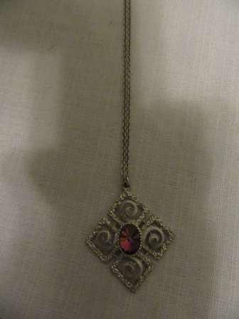Vintage White Metal & Crystal Pendant with Chain