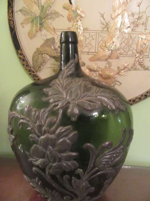 Antique   Dark Green Demijohn Bottle with Pewter Flowers