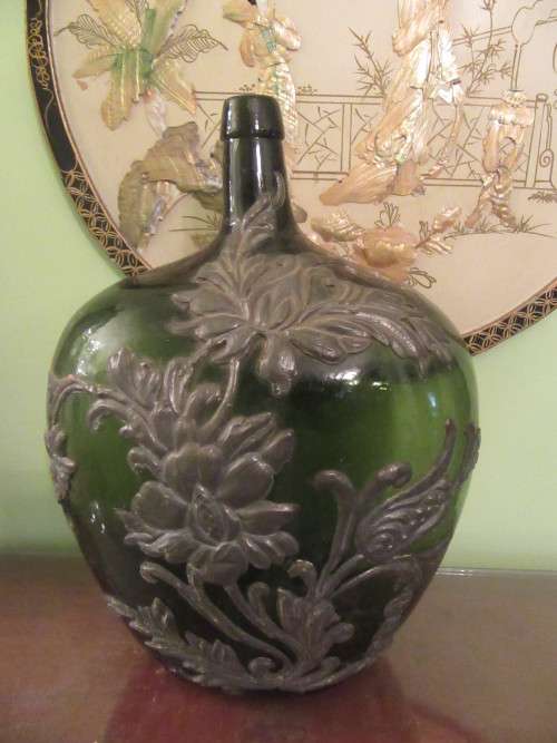 Antique   Dark Green Demijohn Bottle with Pewter Flowers