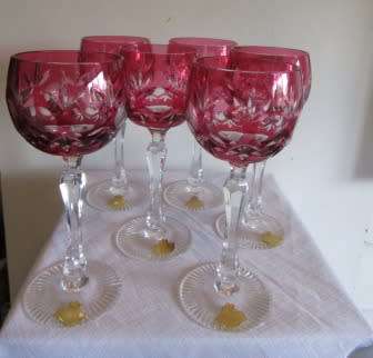 Cranberry Genuine Lead Crystal Set of  6 Wine Glasses Made in West Germany