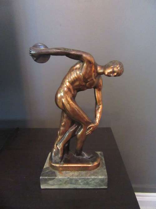 Greece Discobol Mitamel Statue Cast Copper on Marble Base