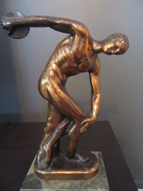 Greece Discobol Mitamel Statue Cast Copper on Marble Base