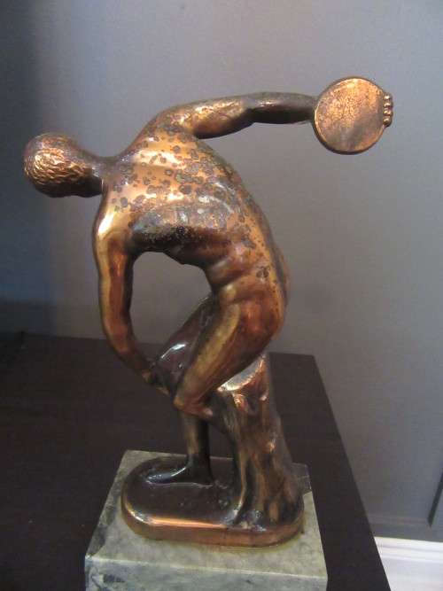 Greece Discobol Mitamel Statue Cast Copper on Marble Base