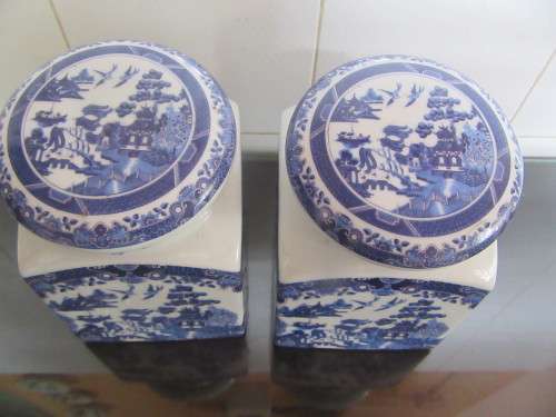 Pair of Blue Willow Cannister for Tea & Coffee Burslem England