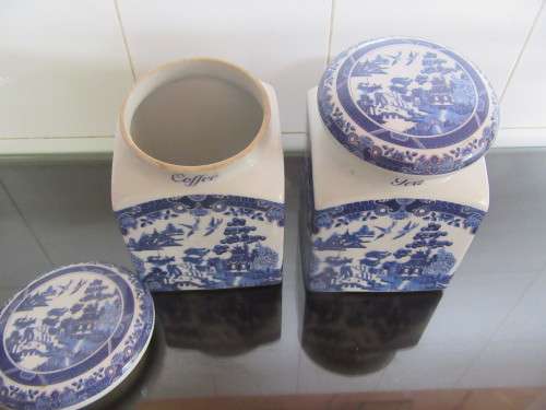 Pair of Blue Willow Cannister for Tea & Coffee Burslem England