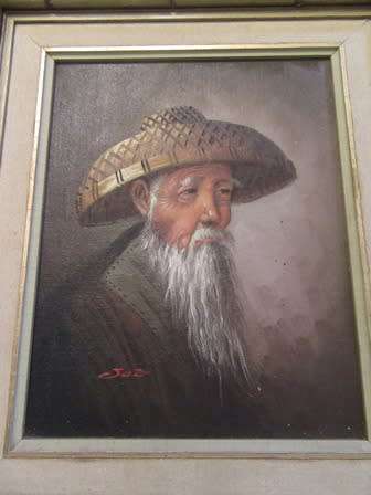Framed in A Bamboo Style Frame Chinese Man With a Straw Hat