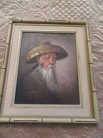 Framed in A Bamboo Style Frame Chinese Man With a Straw Hat