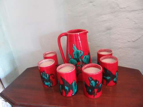 Mid Centuary Style Red and Teal Jug With Matching Tumblers x 6