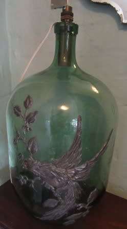 Vintage Green Glass  Bottle Lamp decorated with Pewter Bird