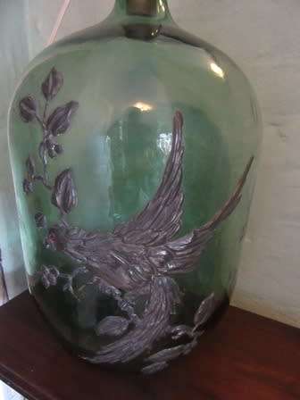 Vintage Green Glass  Bottle Lamp decorated with Pewter Bird