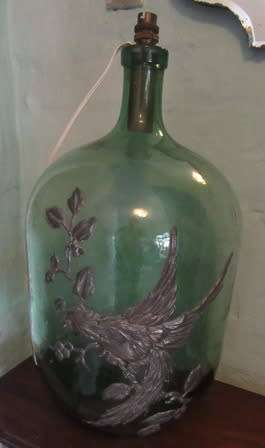 Vintage Green Glass  Bottle Lamp decorated with Pewter Bird