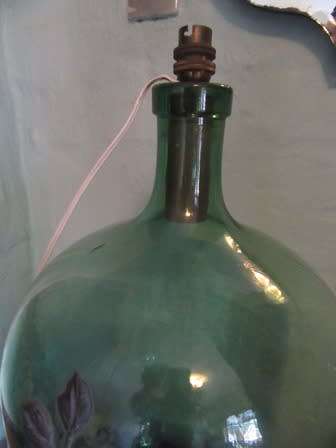 Vintage Green Glass  Bottle Lamp decorated with Pewter Bird