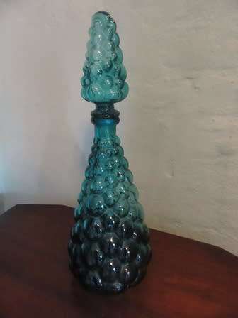 Vintage Teal Blue Genie Bottle With Bubble Design & Stopper
