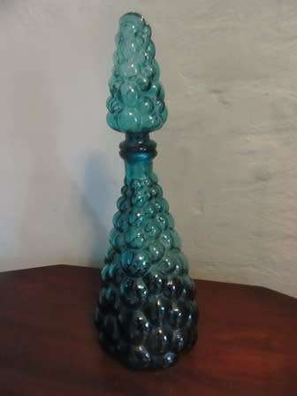 Vintage Teal Blue Genie Bottle With Bubble Design & Stopper