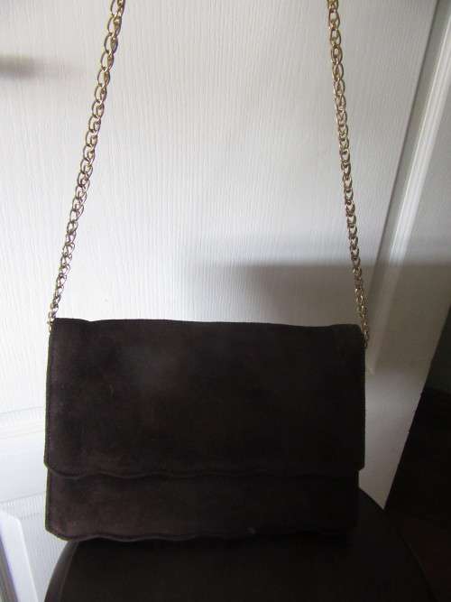 Vintage Suede Leather  Brown  Bag .with Gold Chain by Topaz