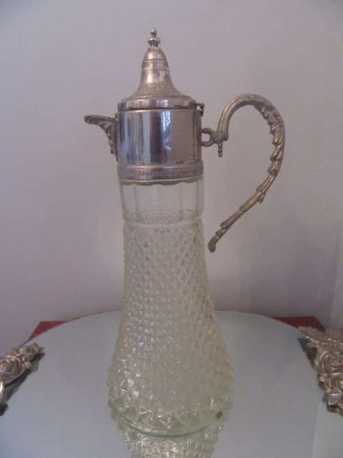 Hobnail Cut Claret Jug with Silver Plate Handle and Lid