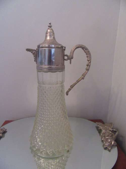 Hobnail Cut Claret Jug with Silver Plate Handle and Lid