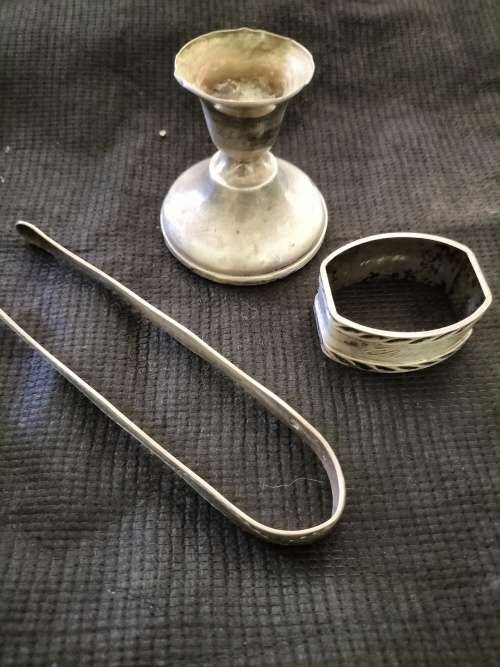 Silver Tongs, Serviett Ring & Candlestick