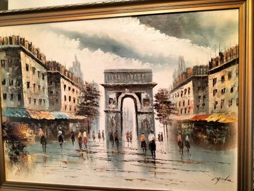 Paris Street Scene by L Stanio framed Oil on Board