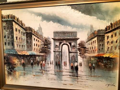 Paris Street Scene by L Stanio framed Oil on Board