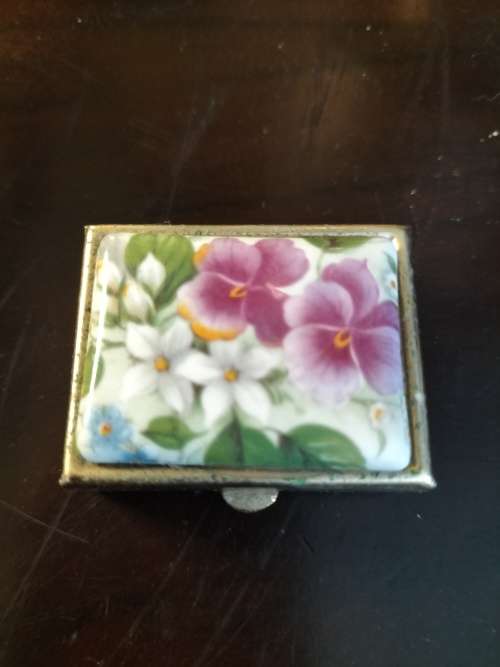 Metal & Porcelain Pill Box with Violet`s made in Italy
