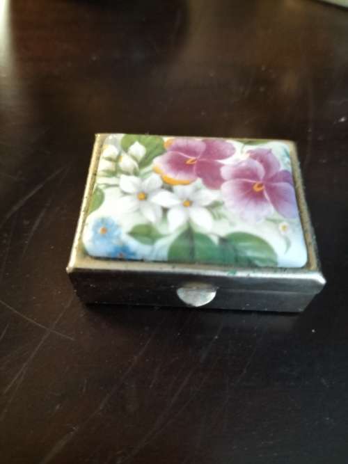 Metal & Porcelain Pill Box with Violet`s made in Italy
