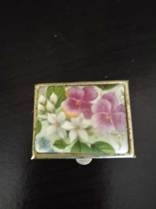 Metal & Porcelain Pill Box with Violet`s made in Italy