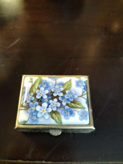 Metal & Porcelain Pill Box with  Blue Flowers made in Italy
