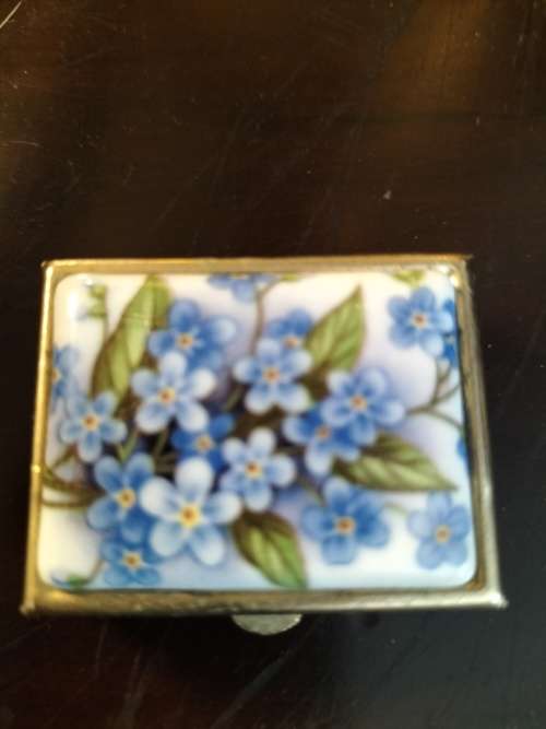 Metal & Porcelain Pill Box with  Blue Flowers made in Italy
