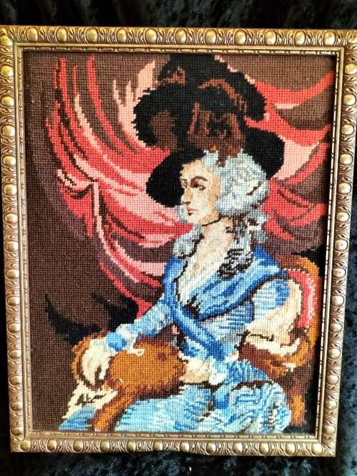 Framed Tapestry  of  Victorian Woman with a Cat
