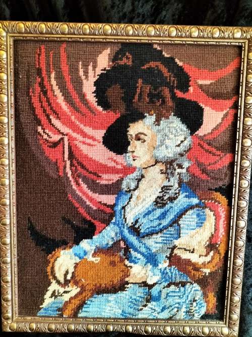 Framed Tapestry  of  Victorian Woman with a Cat