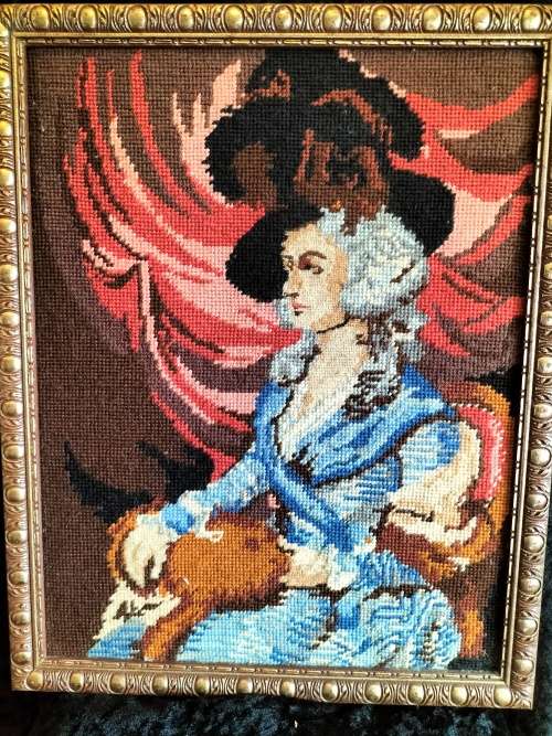 Framed Tapestry  of  Victorian Woman with a Cat