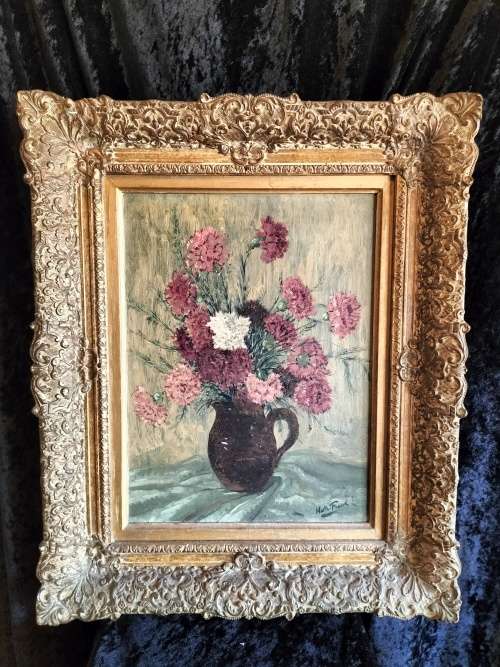 Framed Painting of a Bunch of Carnations in a Pitcher by Walter Frank