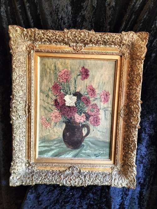 Framed Painting of a Bunch of Carnations in a Pitcher by Walter Frank