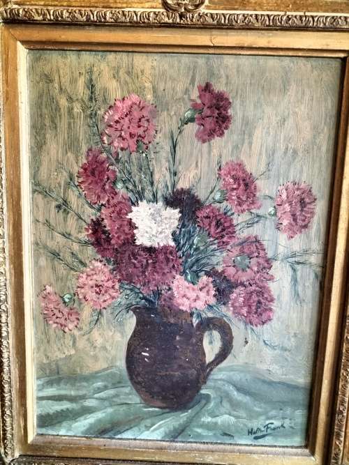 Framed Painting of a Bunch of Carnations in a Pitcher by Walter Frank