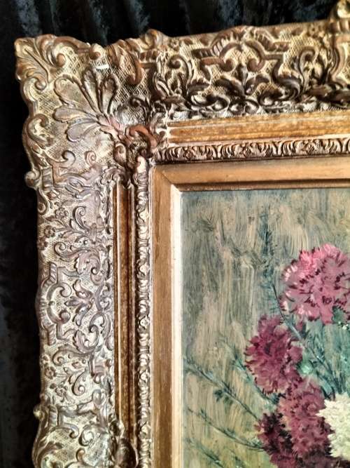Framed Painting of a Bunch of Carnations in a Pitcher by Walter Frank