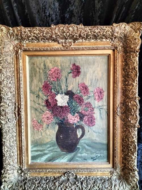 Framed Painting of a Bunch of Carnations in a Pitcher by Walter Frank
