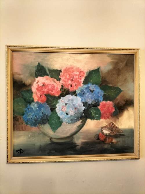 Framed Hydrangea Painting signed SES